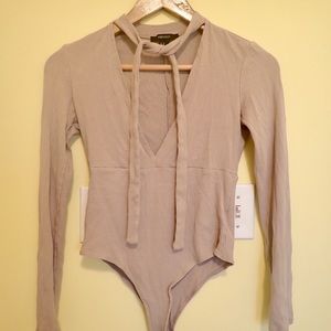 Tan, Ribbed Fabric Bodysuit, Tie NeckLine